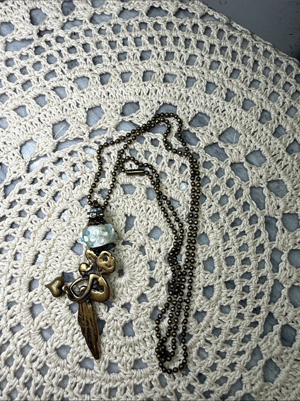 Vintage-Inspired Bronze fairy with heart Pendant 26” Necklace